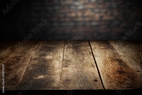 Wooden desk space for product dark wall background