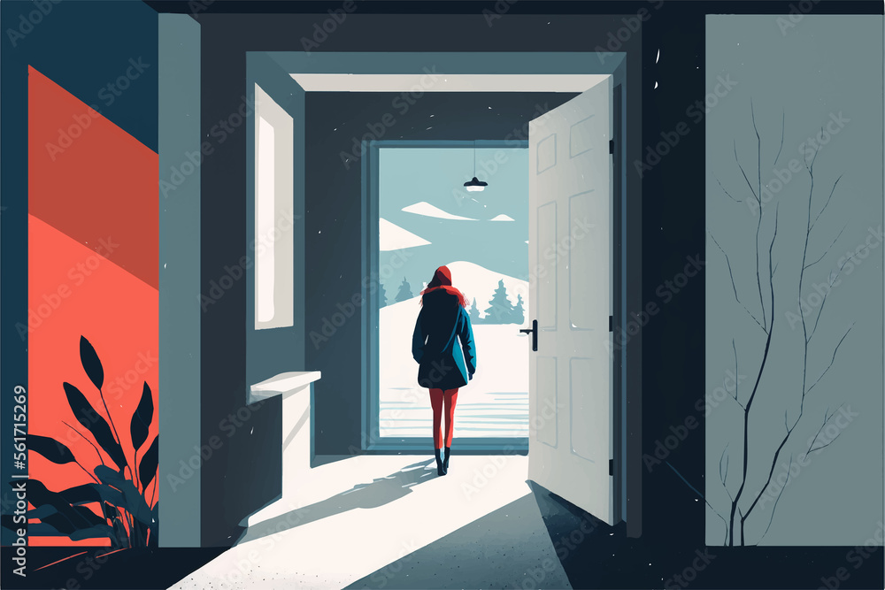 Fototapeta premium Flat vector women leaves her home, juggling work and life responsibilities. Work from office connect concept