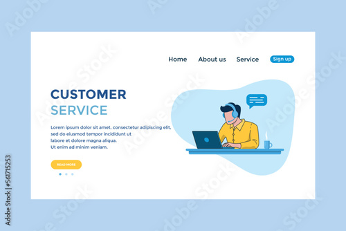 Customer service landing page. Young man with headphones and microphone with laptop. Concept illustration for support, assistance, call center. Vector illustration in flat style