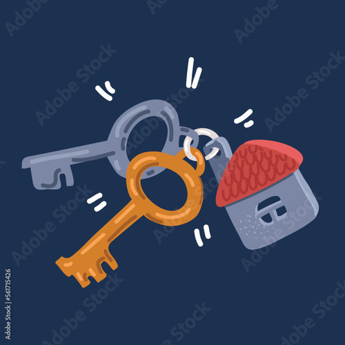 Cartoon vector illustration of Keychain with key ring house locket. Key chain with house
