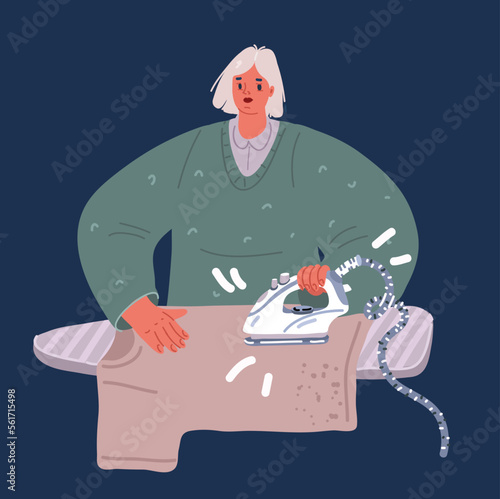 Cartoon vector illustration of Woman housewife iron clothes on an ironing board.