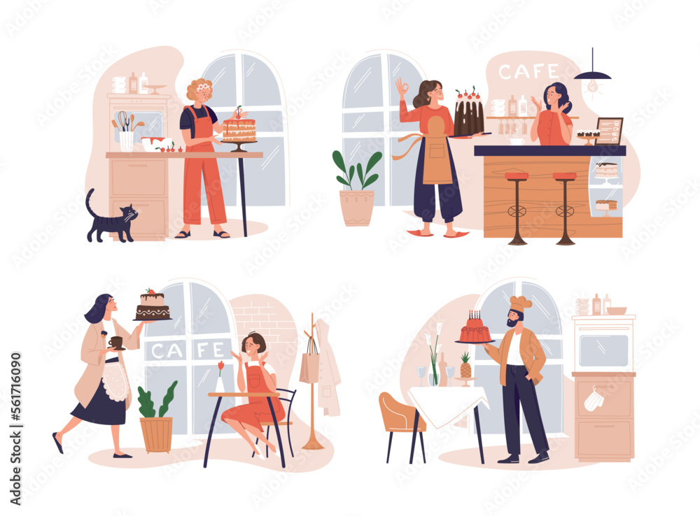 Confectioner, cook, cake, pastries. Girl confectioner prepares a cake. Male cook with a birthday cake. Cafe, bar counter, kitchen. Concept. Vector image.