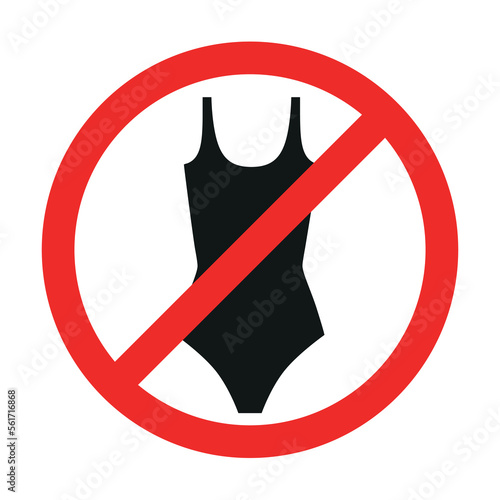 Symbol entry in a swimsuit is prohibited. Women's swimsuit in a crossed out red circle. Dress code sign. Vector illustration on a white background