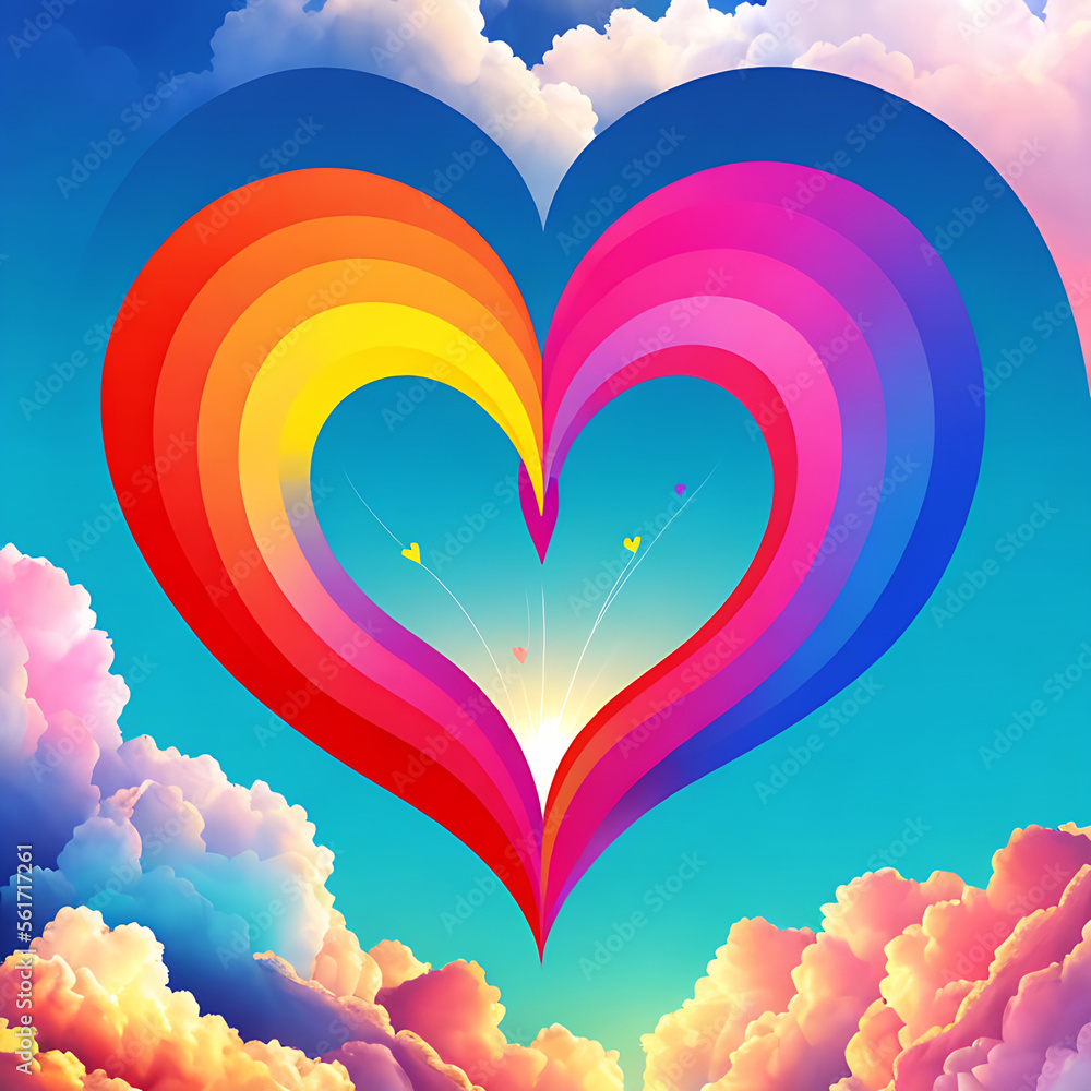 beautiful rainbow color valentine day heart in the clouds and sunray as abstract background, generative ai
