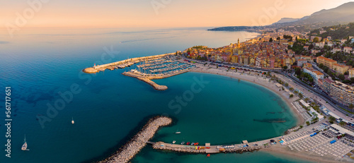 Menton France colorful city View on old part of Menton, Provence-Alpes-Cote d'Azur, France. drone view at Menton town