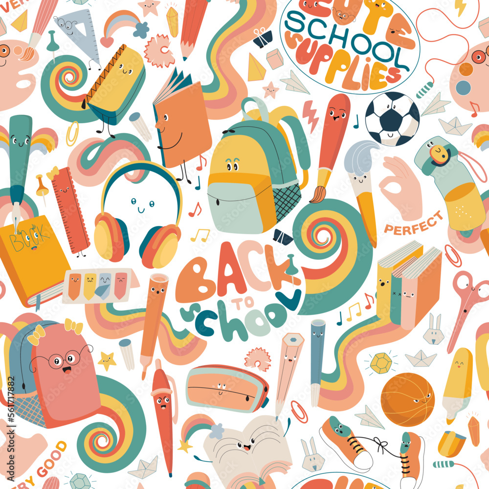 Cute seamless pattern with School Supplies. Bags, rainbows, pens, pencils, notebooks, headphones and other. Vector, kawaii Cute seamless pattern with School Supplies. Bags, rainbows, pens, pencils, notebooks, headphones and other. Vector, kawaii