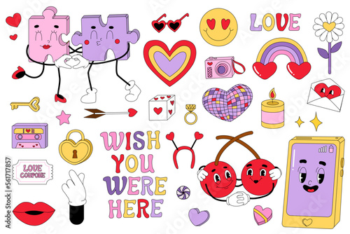 Vintage characters about love. Disco style 1960 - 1970. Retro stickers for groovy Valentine's Day. Romantic set in vector cartoon style