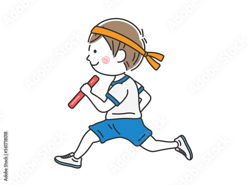 運動会のリレーで、バトンを持って走る、男の子のイラスト photo