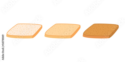 Toast bread cut slice from wheat set. Toasted piece bakery food. Slices of toast bread with varying degrees of toasting. Square loaf, white bread. Vector illustration