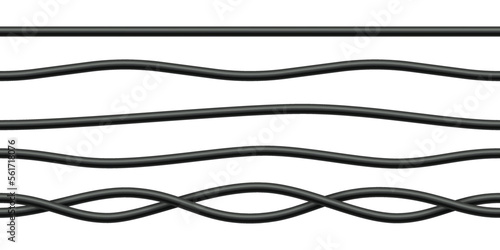 Realistic electrical wires. Cable power energy. Flexible thick network cord. Black electric computer connection wires. Seamless line cable. Vector illustration on white background.