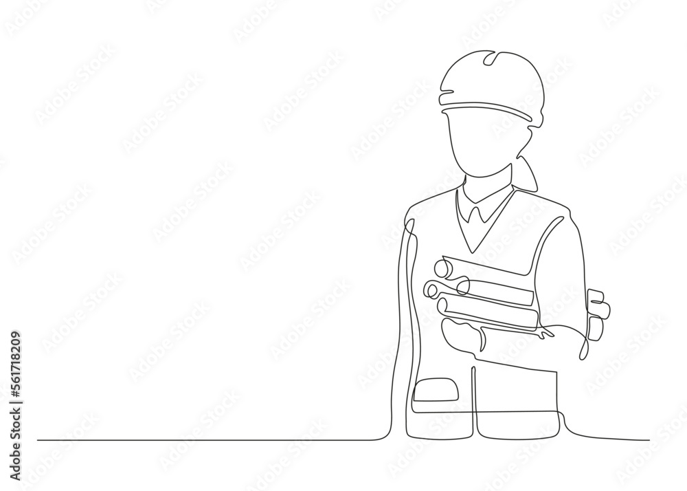 Woman architect builder holding blueprint paper in arm, single continuous line drawing. Professional worker in helmet. Plan of building construction on paper. Minimalism one art line draw. Vector