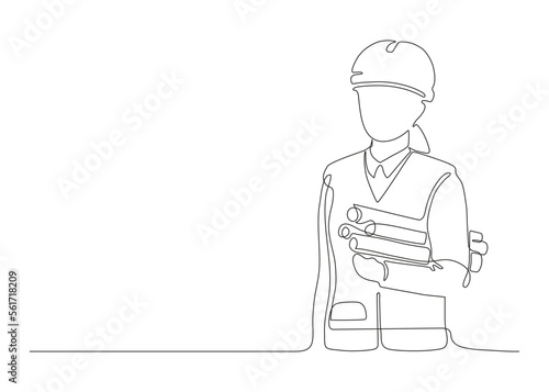 Woman architect builder holding blueprint paper in arm, single continuous line drawing. Professional worker in helmet. Plan of building construction on paper. Minimalism one art line draw. Vector