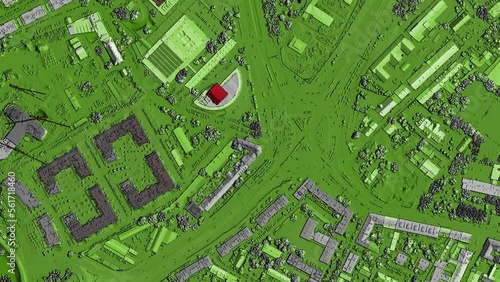 Digital elevation model. GIS product made after proccesing aerial pictures taken from a drone. It shows city urban area with roads and suburbs	
 photo