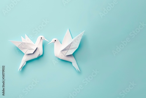 Origami birds are flying, overhead top view. White origami birds isolated on pastel blue background. generative ai