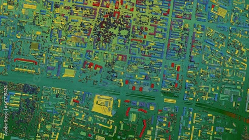 Digital elevation model. GIS product made after proccesing aerial pictures taken from a drone. It shows city urban area with roads and suburbs	

