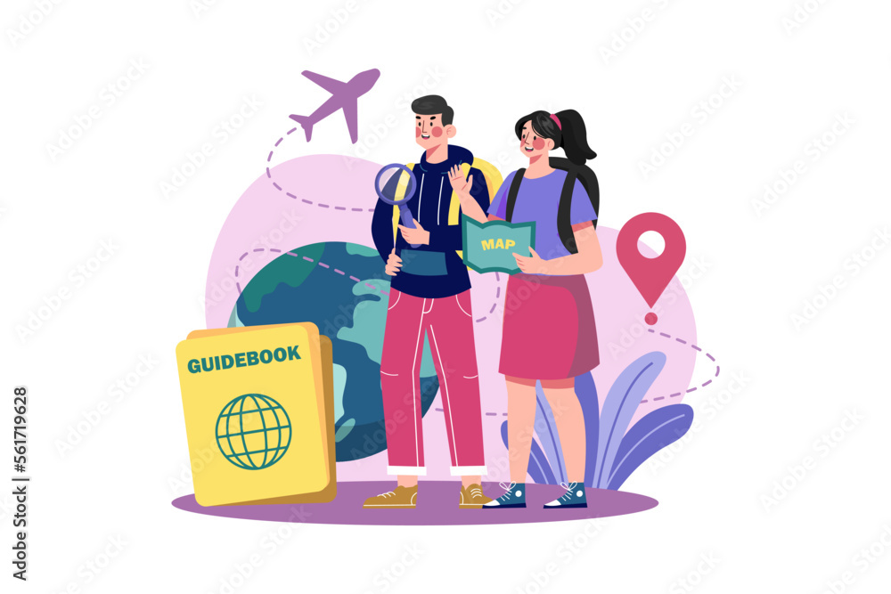 Tourist man and woman walking with map or guidebook Tourist man and woman walking with map or guidebook