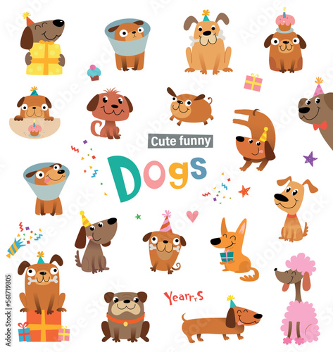 Funny cartoon dogs and design elements for birthday card or party invitation. Vector illustration