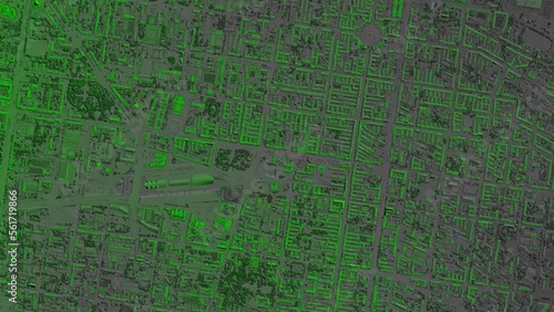 Digital elevation model. GIS product made after proccesing aerial pictures taken from a drone. It shows city urban area with roads and suburbs	
 photo