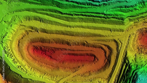 Animation of a mine elevation. GIS product made after processing aerial data taken from a drone. It shows excavation site with steep rock walls