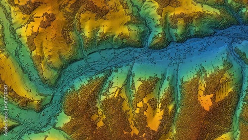 Animation of digital elevation model of a forest area with a river. GIS product made by aerial mapping from a drone. Lidar scan and multispectral camera gives NDVI and NIR effect.