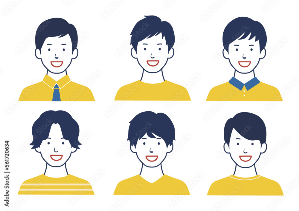 笑顔の男性アイコンセット 髪型色々バリエーション 黄色B
