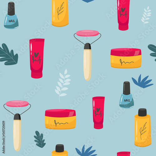 Makeup seamless pattern. Illustrations of different cosmetics. Lipstick and pomade glamour vector background