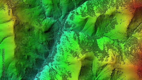 Elevation model animation. GIS product made after proccesing aerial data taken from a drone. It shows high rocky and steep mountain peaks. At their feet are visible valleys and mountain lakes