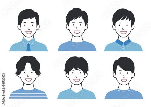 笑顔の男性アイコンセット 髪型色々バリエーション 青B