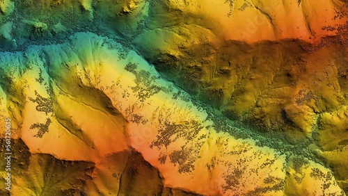 Elevation model animation. GIS product made after proccesing aerial data taken from a drone. It shows high rocky and steep mountain peaks. At their feet are visible valleys and mountain lakes
