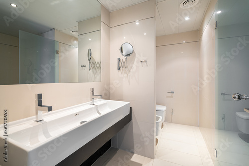 Large bathroom is divided into zones with large square full length mirror and rectangular sink with two faucets built into wall  an area with toilet with bidet and shower area with glass partition.