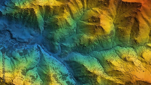 Elevation model animation. GIS product made after proccesing aerial data taken from a drone. It shows high rocky and steep mountain peaks. At their feet are visible valleys and mountain lakes