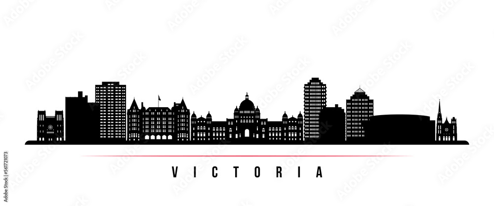 Victoria skyline horizontal banner. Black and white silhouette of Victoria, Canada. Vector template for your design.