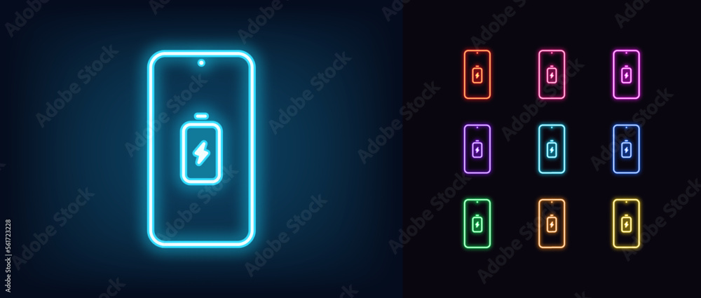 Outline neon mobile phone icon set. Glowing neon smartphone frame with ...