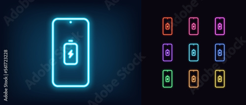 Outline neon mobile phone icon set. Glowing neon smartphone frame with battery and lightning sign, electric charging pictogram. Phone battery fast charge process.
