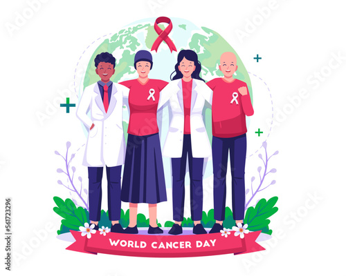Female doctors and cancer patients embrace each other. People celebrating World Cancer Day. Vector illustration in flat style