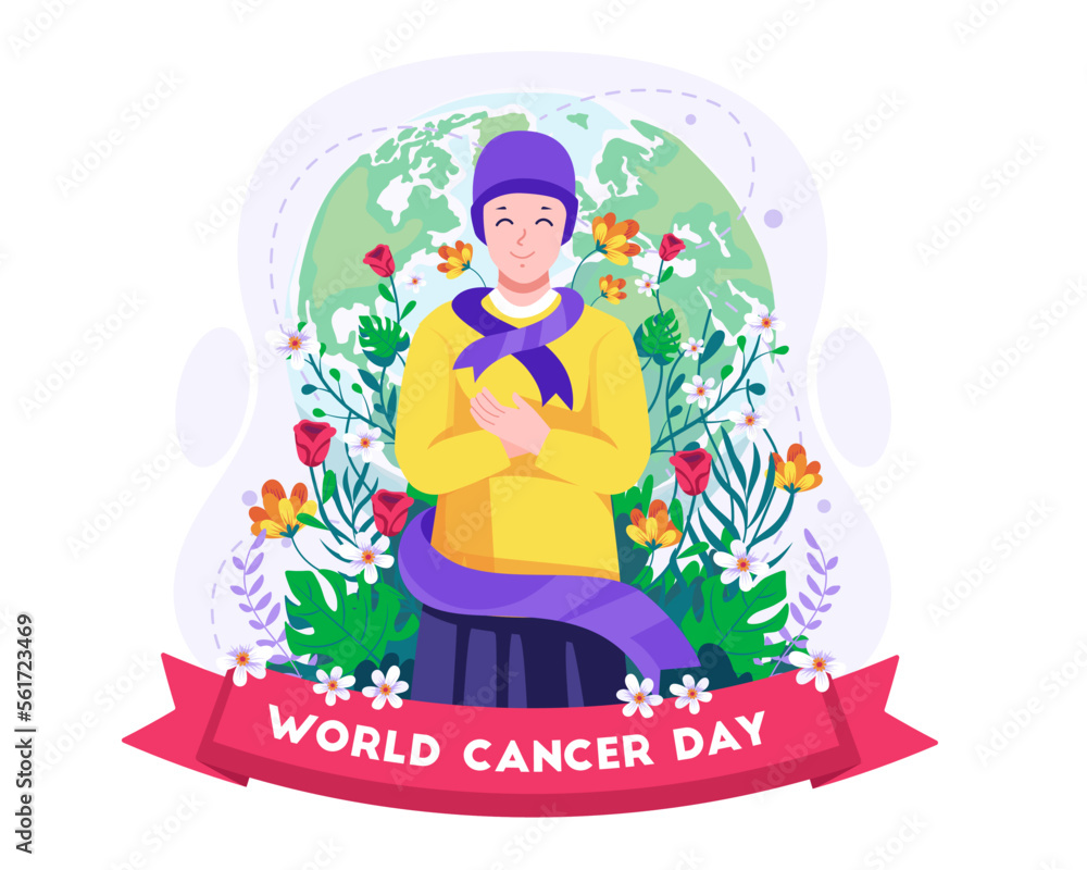 Happy cancer girl embracing self with a purple support ribbon. World cancer day illustration concept Happy cancer girl embracing self with a purple support ribbon. World cancer day illustration concept