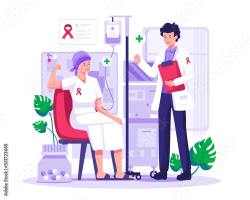 A cancer woman patient is undergoing chemotherapy treatment and supports accompanied by a male doctor. World cancer day concept illustration