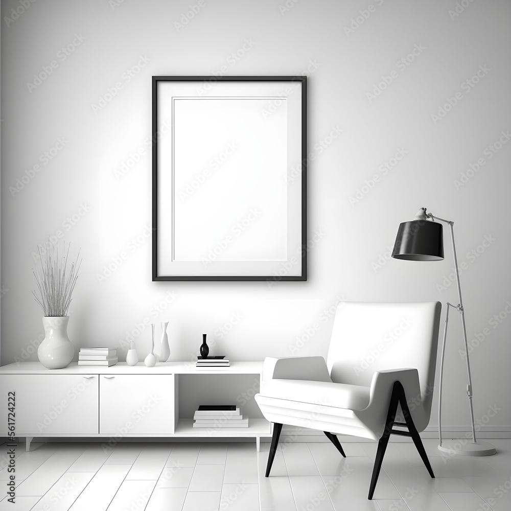 Elegant living room interior with framed art print above a gray sofa, glass coffee table, bookshelf & natural light. Ideal for showcasing interior design and home decor products, art and photography p Elegant living room interior with framed art print above a gray sofa, glass coffee table, bookshelf & natural light. Ideal for showcasing interior design and home decor products, art and photography p