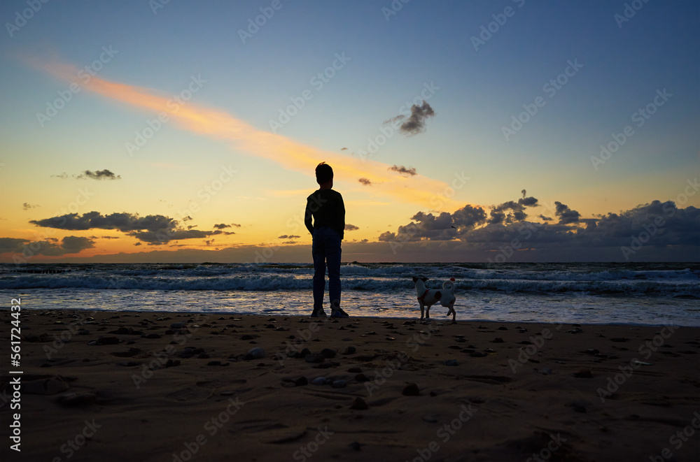 Boy silhouette and dog standing on beach near sea and looking on the waves in sunset