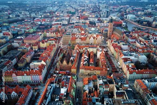 Wroclaw Rynek Square, aerial view. View from above on main market square in Wroclaw with walking tourists during Christmas holidays.