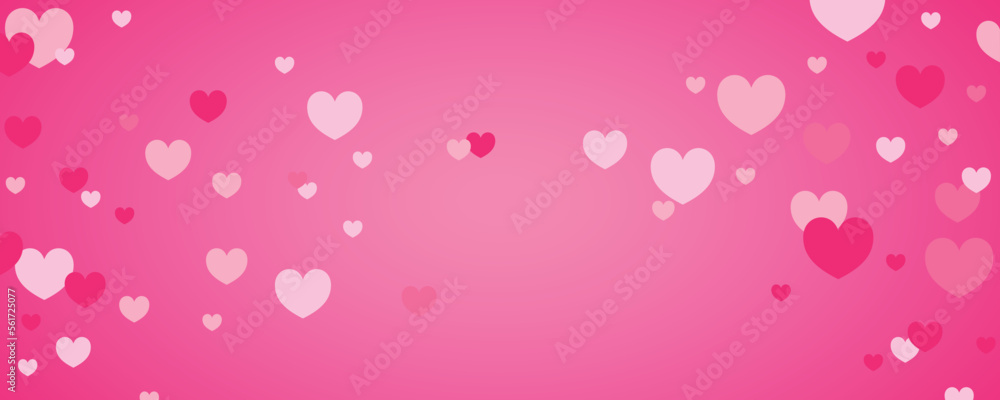 Horizontal pink banner with hearts for Valentine's day. Vector illustration
