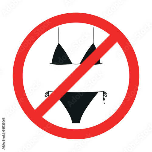 Symbol entry in a swimsuit is prohibited. Women's swimsuit in a crossed out red circle. Dress code sign. Vector illustration on a white background