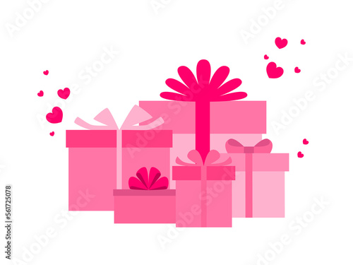 A few pink gift boxes and hearts around. Presents for Valentine's day. Illustration on transparent background