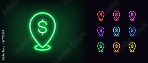 Outline neon dollar pointer icon set. Glowing neon map pin frame with dollar sign, bank location pictogram. ATM with money cash, currency exchange point, place payment.