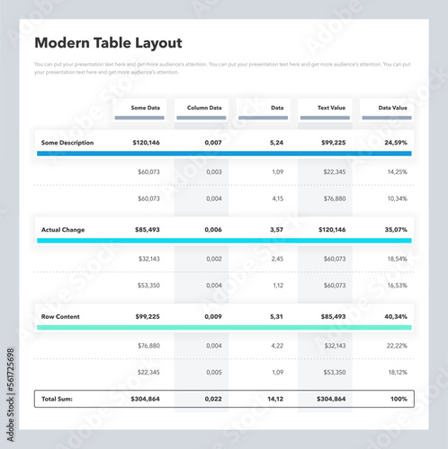 Modern table layout template with a total sum row. Simple flat template for data visualization.