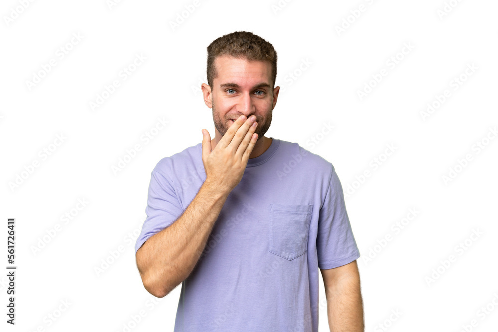 Young handsome caucasian man isolated on green chroma background happy and smiling covering mouth with hand Young handsome caucasian man isolated on green chroma background happy and smiling covering mouth with hand