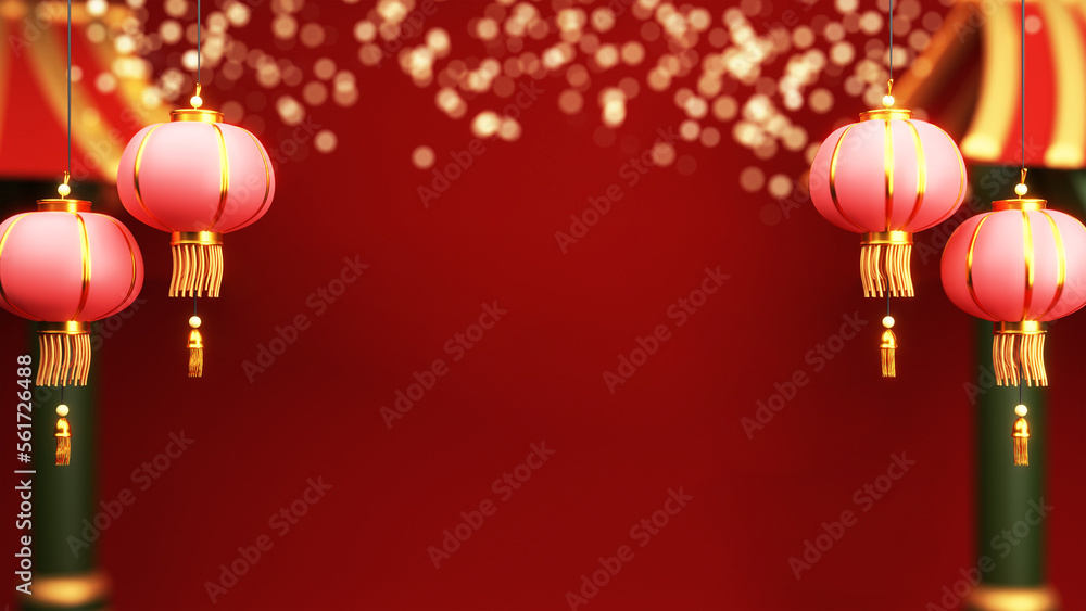 3D Render of Hanging Chinese Lanterns Decorated On Red Bokeh Blur Background And Copy Space. 3D Render of Hanging Chinese Lanterns Decorated On Red Bokeh Blur Background And Copy Space.