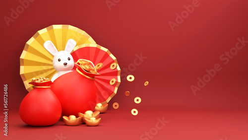 3D Render of Chinese Treasure Sacks With Rabbit Character, Accordion Paper Flowers And Copy Space On Red Background.