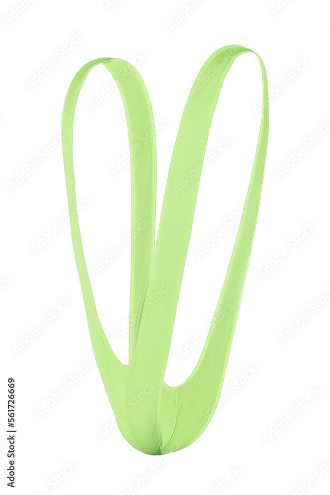 Close-up shot of a green men's erotic mankini thong bodysuit. Men's erotic V-shaped underwear is isolated on a white background. Side view.