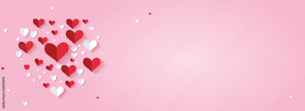 Red And White Paper Heart Shapes On Pastel Pink Background And Copy Space. Love Or Valentine Concept.